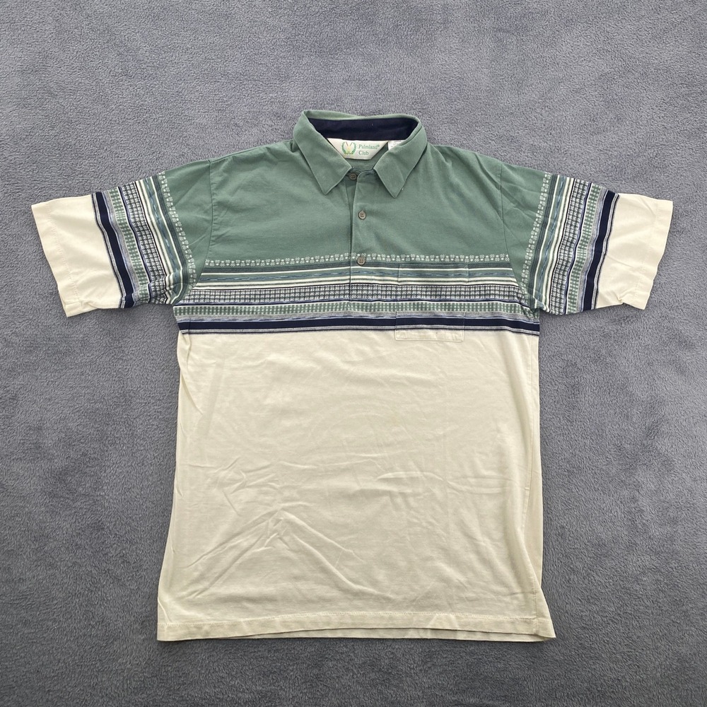Vintage 80s/90s Palmland Club Polo Shirt Men Large‎ Green Cream Striped Shrt Slv